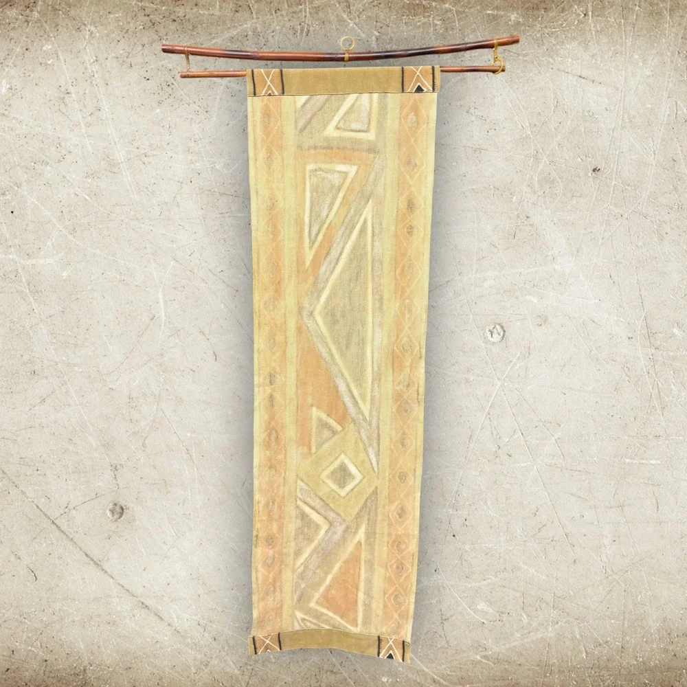 African Mud Cloth Wall Hanging Geometric Hand Painted Textile Art w/ Bamboo Rod
